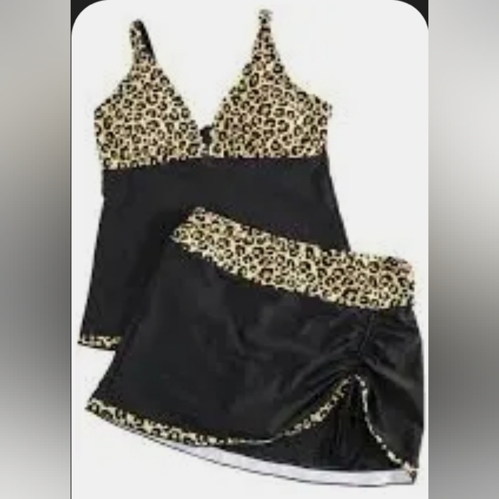 Vallian Black with Leopard Accents Tankini with Skorts Size 3XL